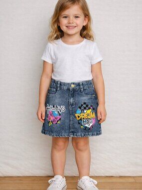 Girls ♥️♥️♥️ Denim Skirt with Colorful Graphics Size 5 NWT